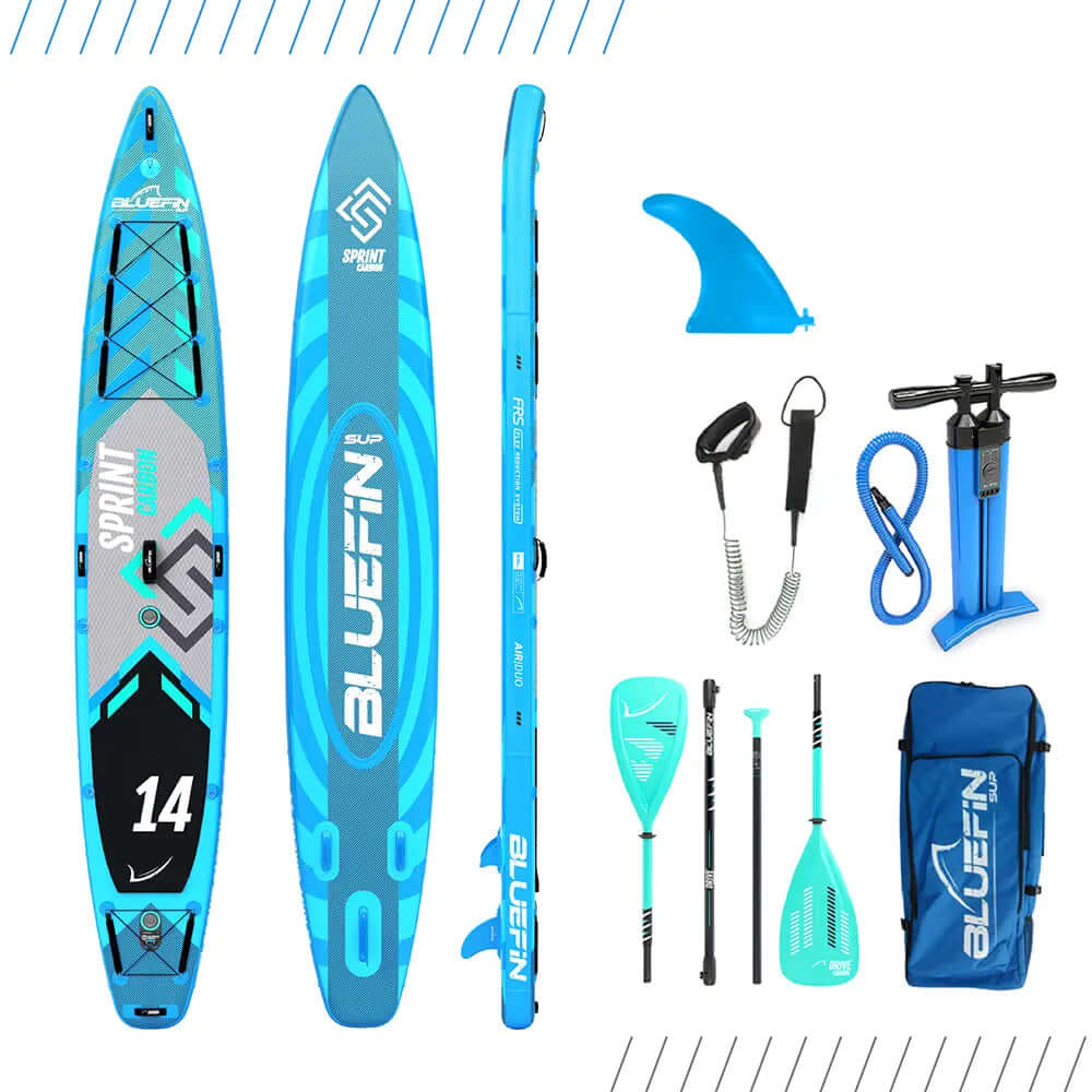 Inflatable paddleboard in blue with center fin, paddle, pump, leash, and carrying bag.