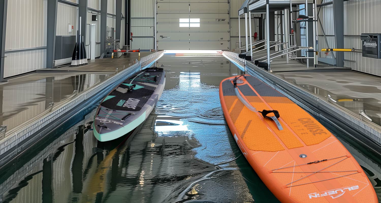 Two paddleboards in a testing pool, one black and teal, the other orange, reflecting in the water.