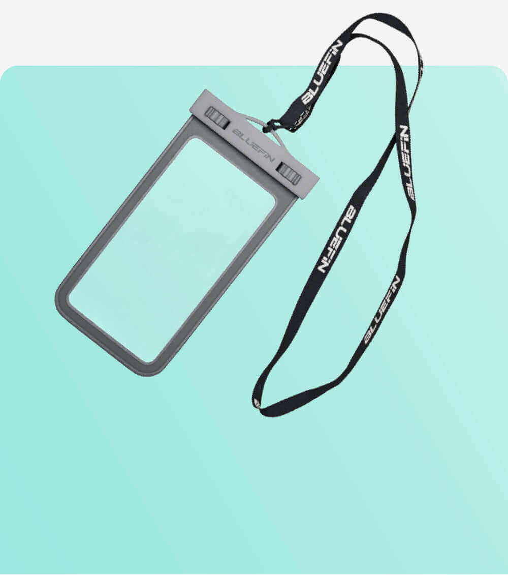 Waterproof phone case with gray frame and adjustable lanyard on a light blue background