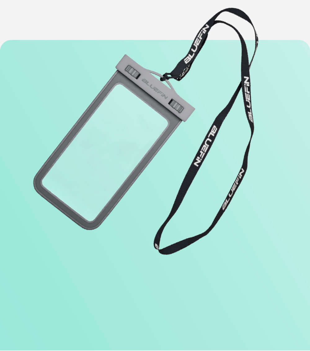 Waterproof phone pouch with gray frame and adjustable lanyard on a light blue background