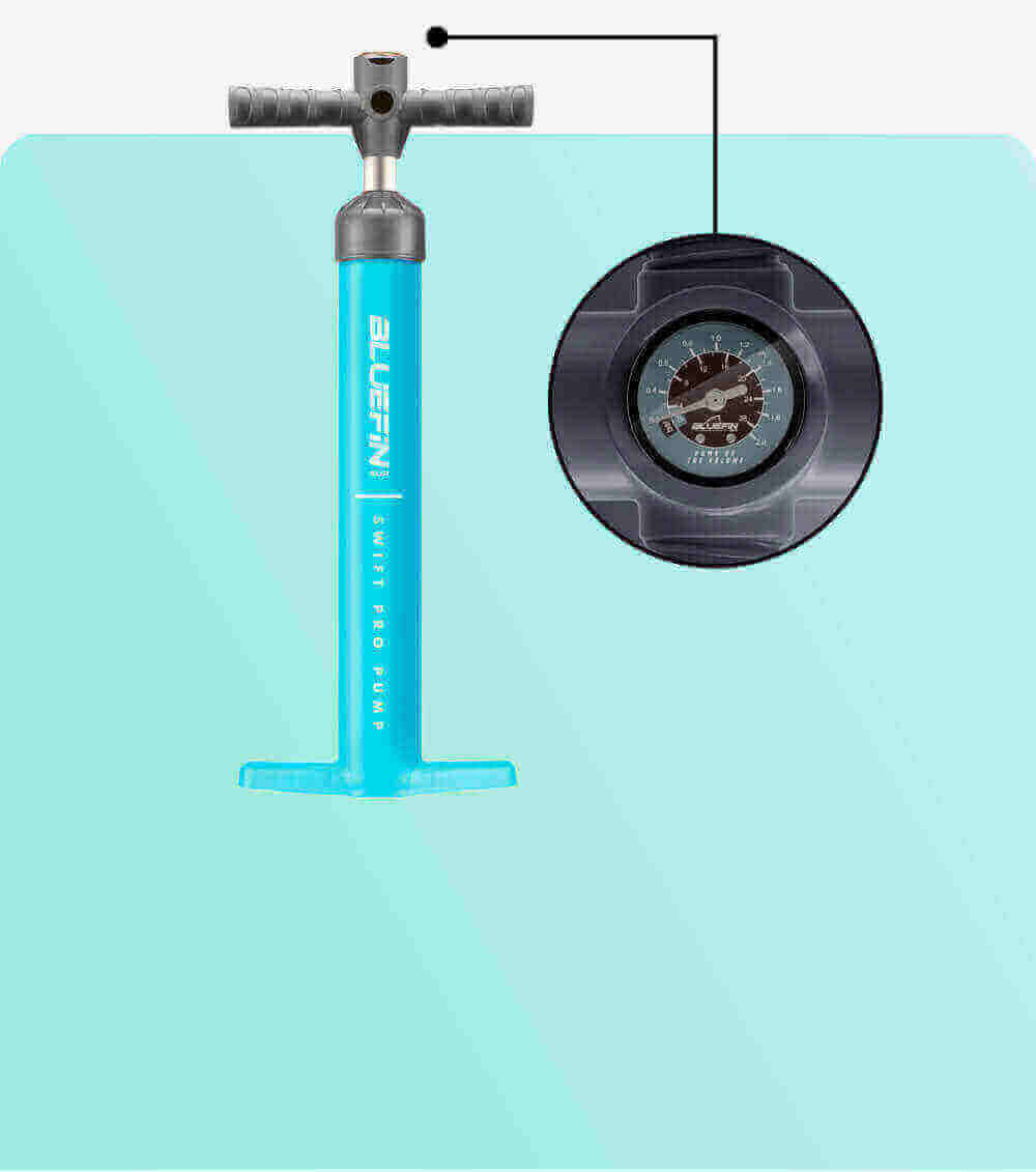 Bluefin Swift Pro Pump in bright blue with a pressure gauge on the side for inflation.