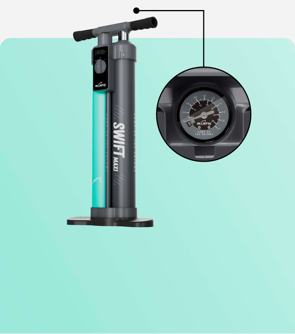 Inflatable pump with a turquoise and gray design, featuring a pressure gauge on the side.