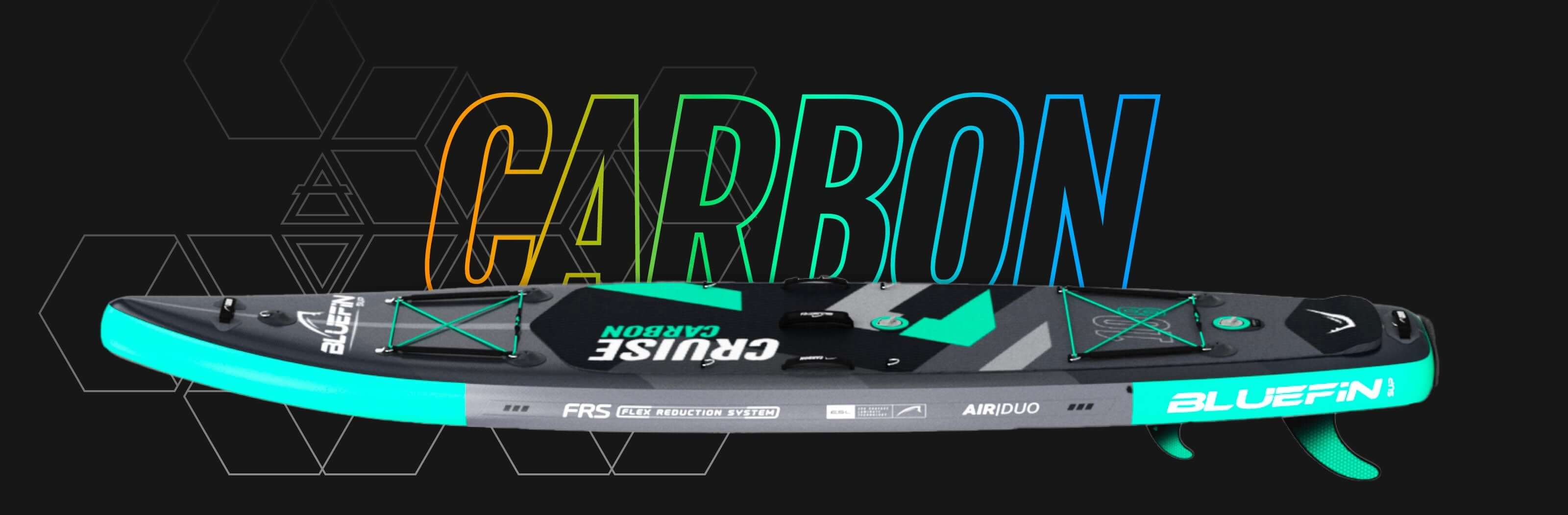 Inflatable paddleboard with turquoise edges, textured deck, and FRS system for stability