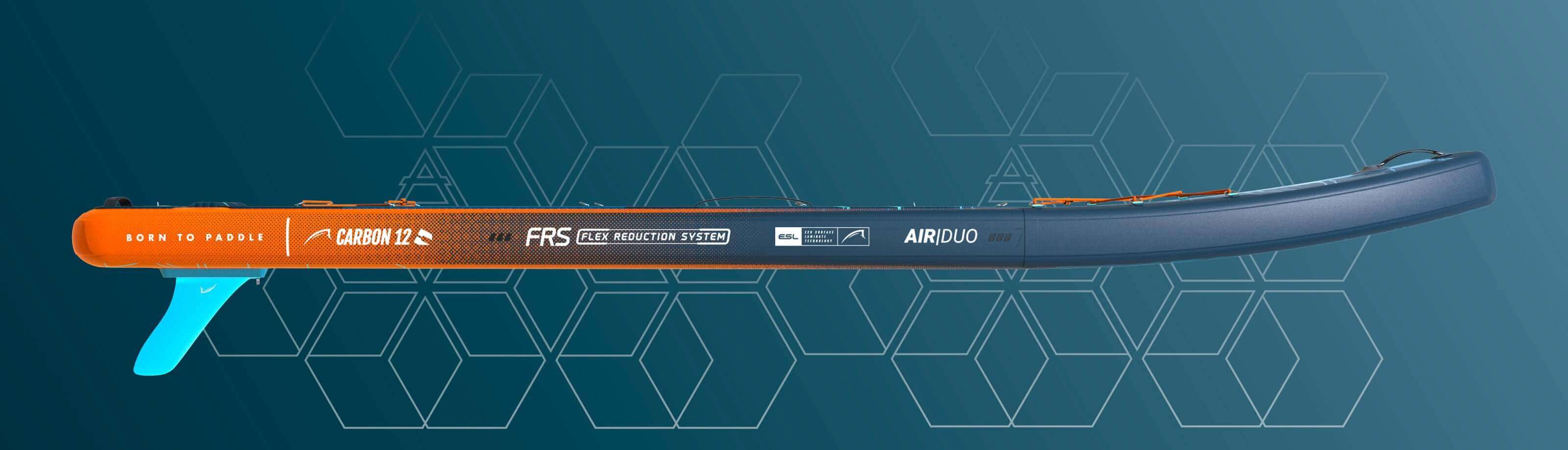 Inflatable paddleboard with orange and blue accents, featuring a textured deck and flex reduction system