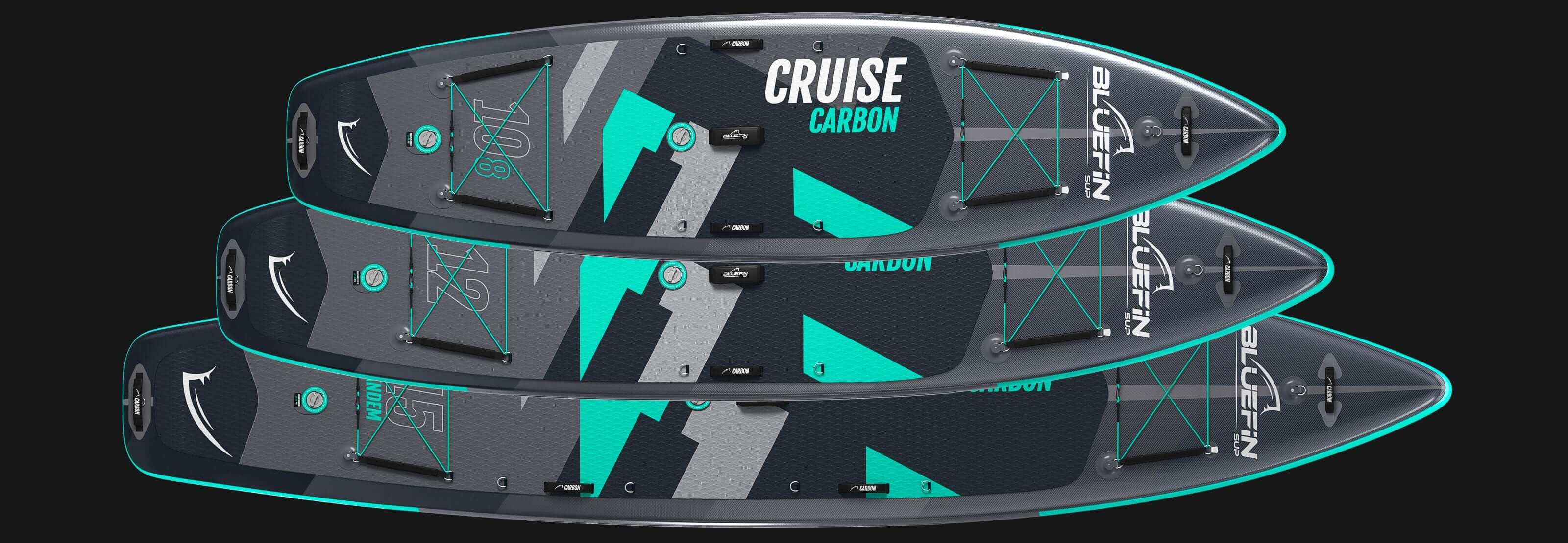 Three stacked inflatable paddleboards with textured decks, center fins, and blue accents