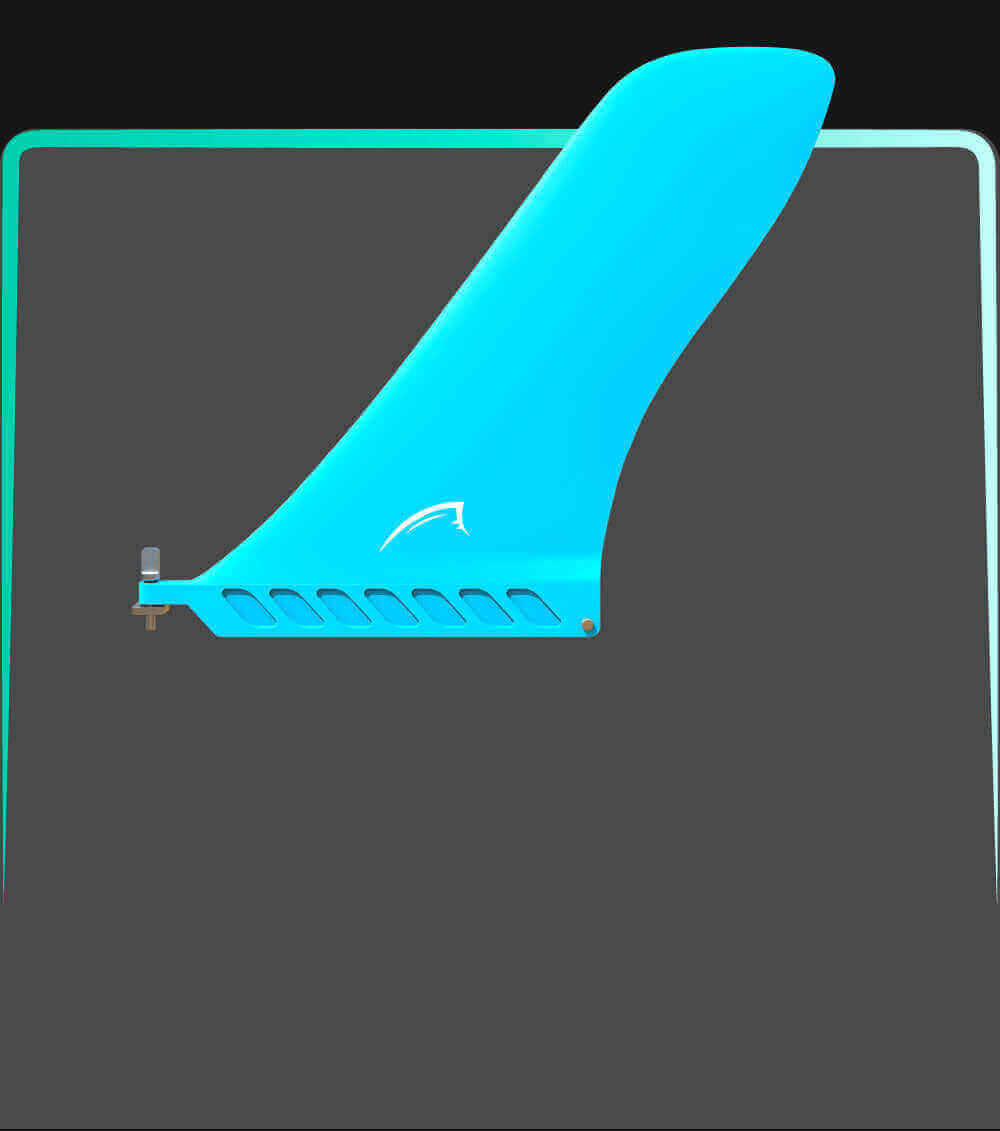 A blue fin for a paddleboard with a sleek design and attachment mechanism visible