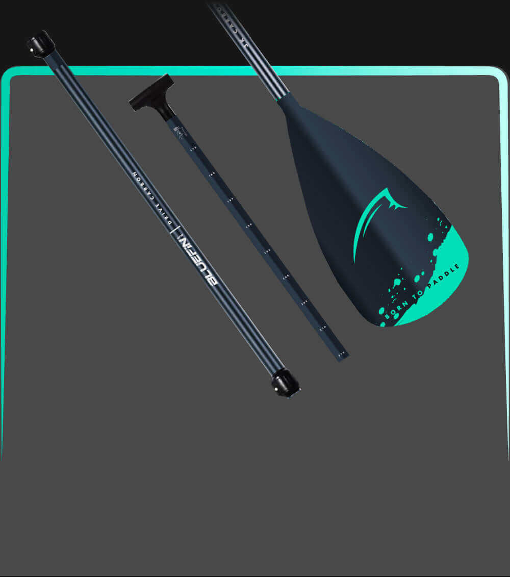 Three-piece paddle with a black shaft, teal blade, and adjustable length for paddleboarding.