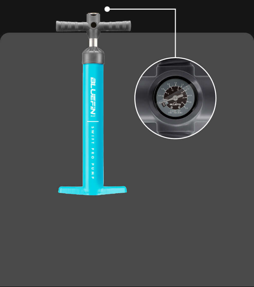 Bluefin SUP Swift Pro Pump in turquoise with a pressure gauge on the side for inflation.