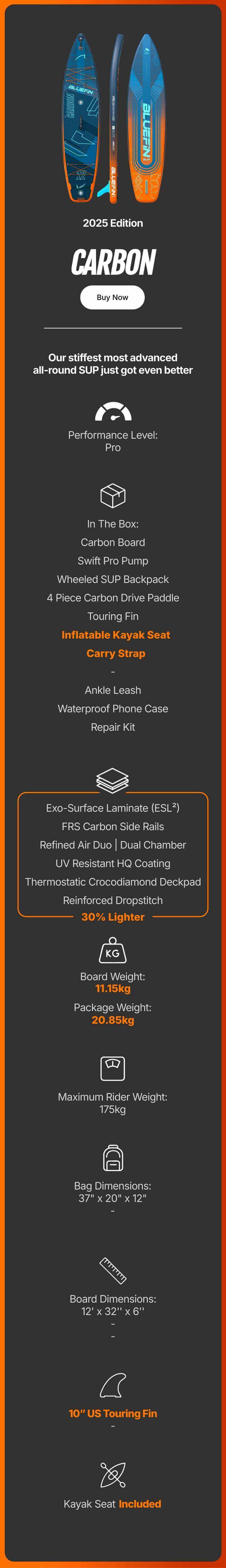 Inflatable paddleboard with orange and blue design, center fin, and textured deck pad for stability