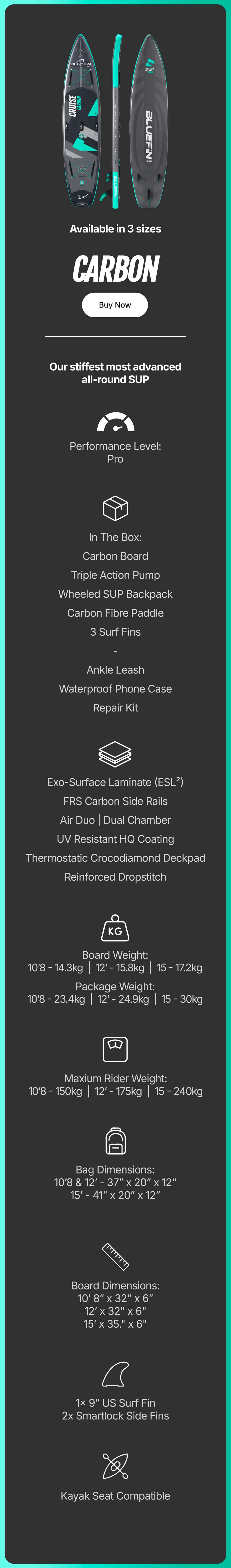 Inflatable paddleboard with three sizes, textured deck, fins, and kayak seat compatibility