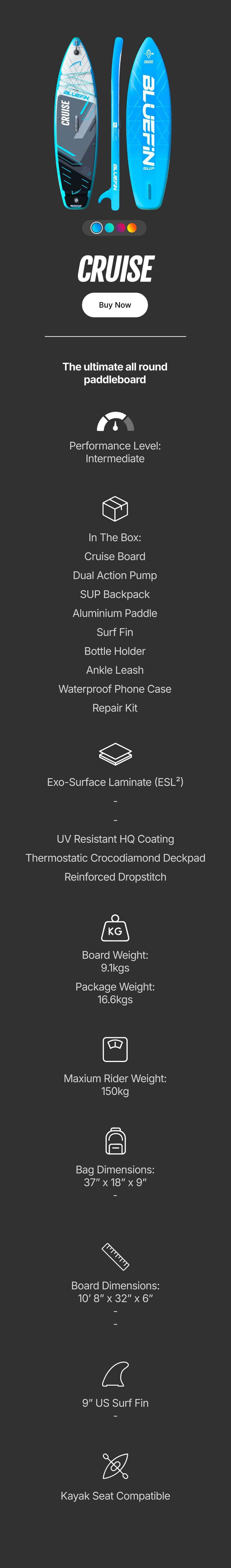 Inflatable paddleboard with blue and black design, center fin, and textured deck pad for stability