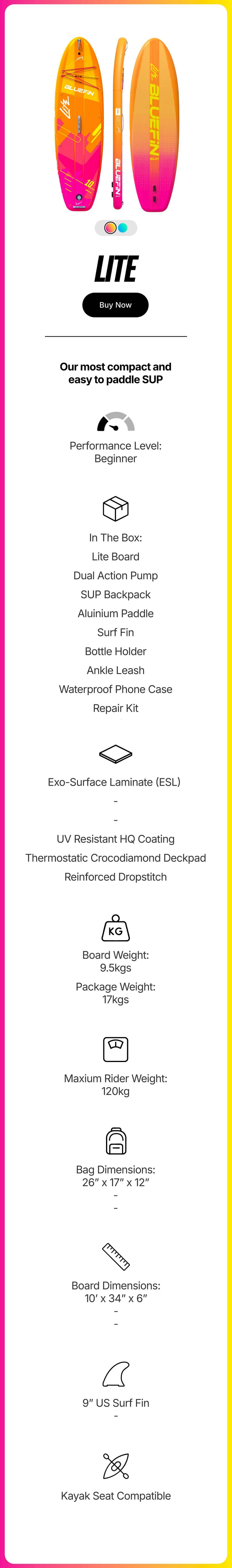 Inflatable paddleboard in orange and pink with textured deck pad, fin, and carrying handle