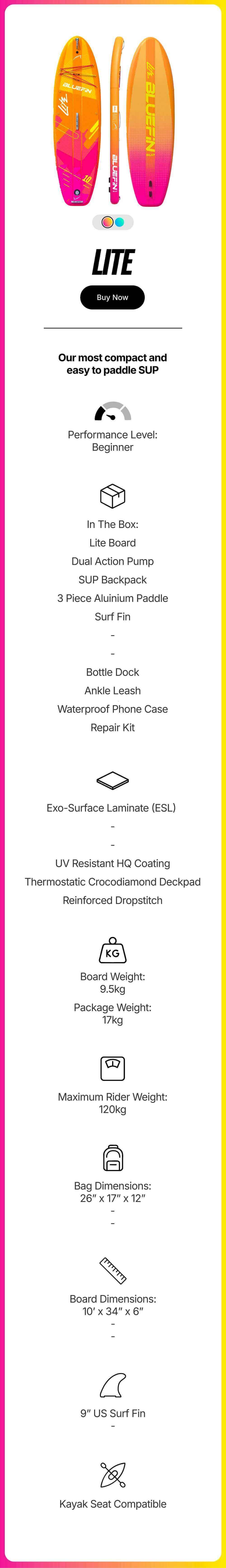 Inflatable paddleboard in orange and pink with textured deck, center fin, and included accessories.