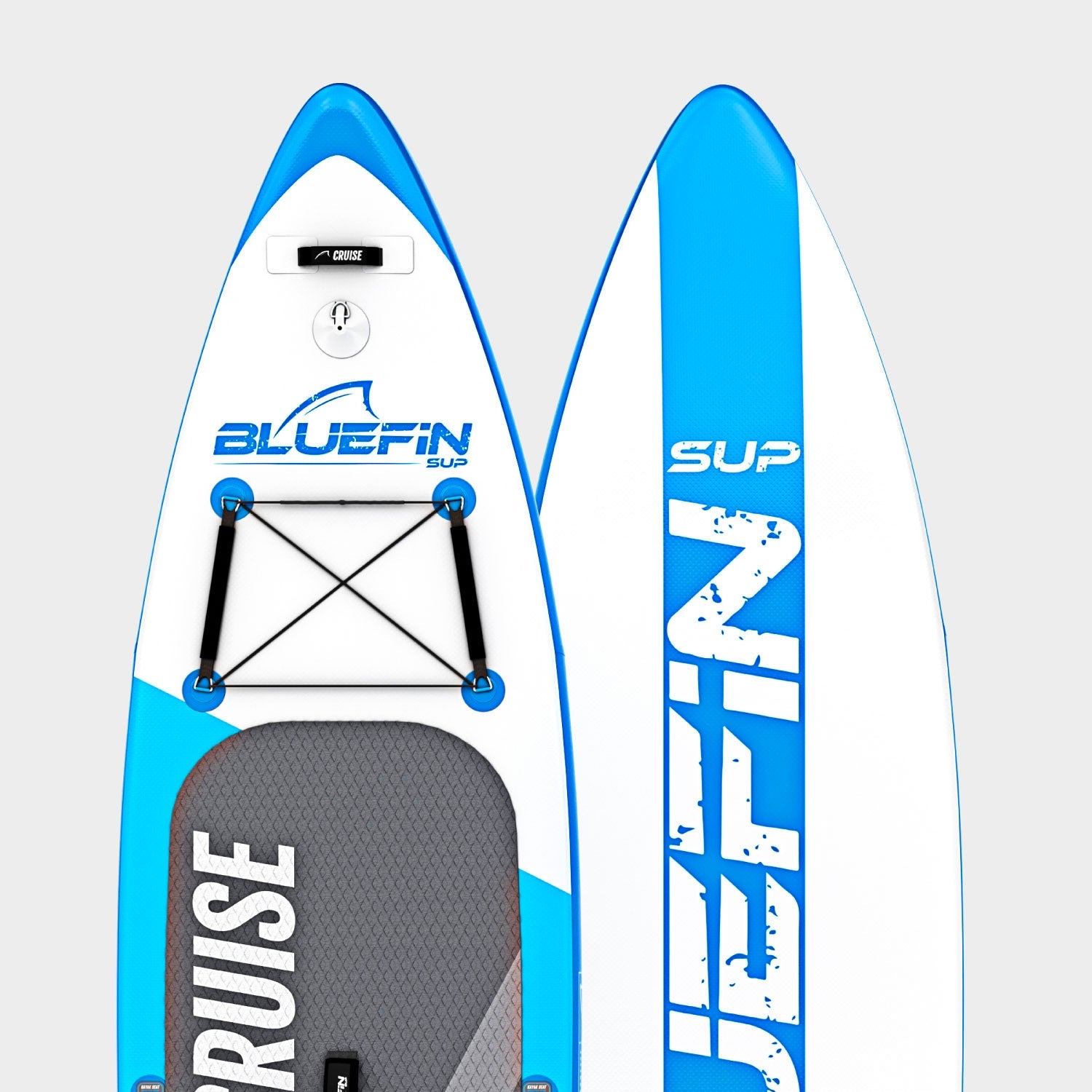 Inflatable paddleboard with blue accents, textured deck pad, and center fin for stability