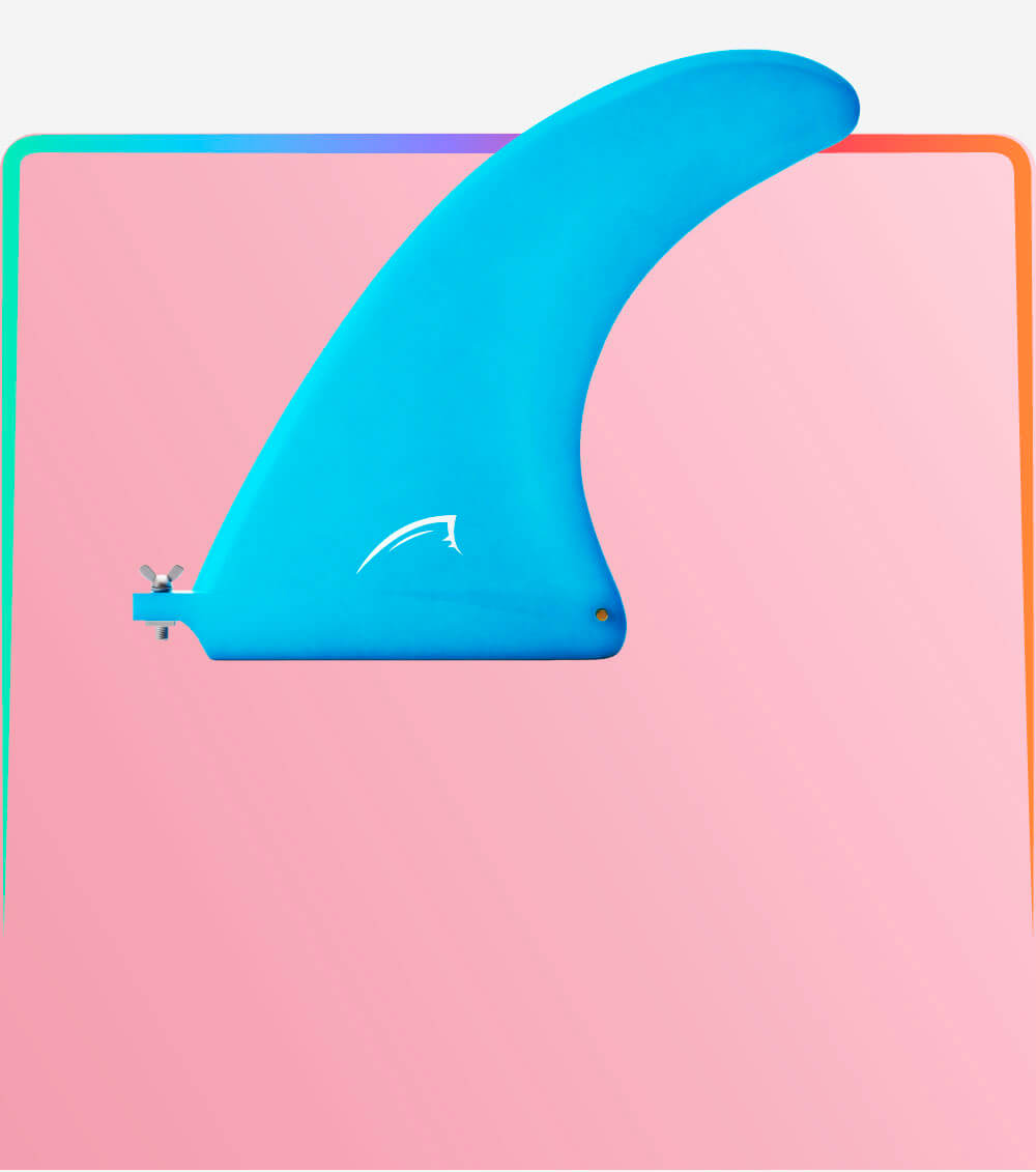 Blue surfboard fin with a white logo, mounted on a pink background with colorful edges