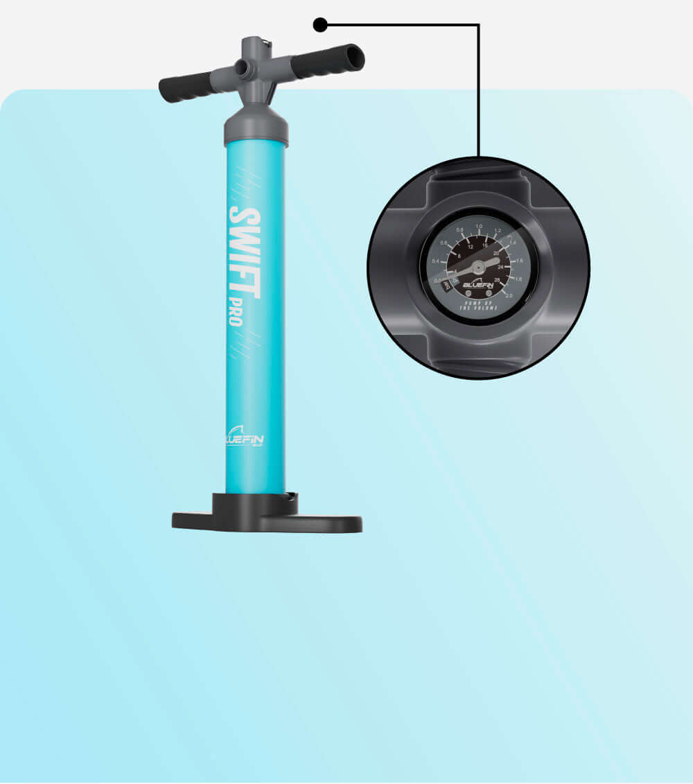 Bluefin Swift Pro pump in turquoise with a pressure gauge on top for inflating paddleboards