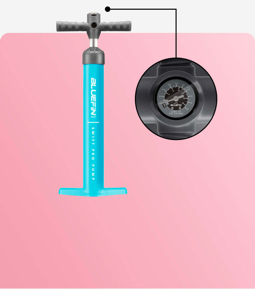 Bluefin SUP Swift Pro Pump in turquoise with a pressure gauge on the side for inflation.