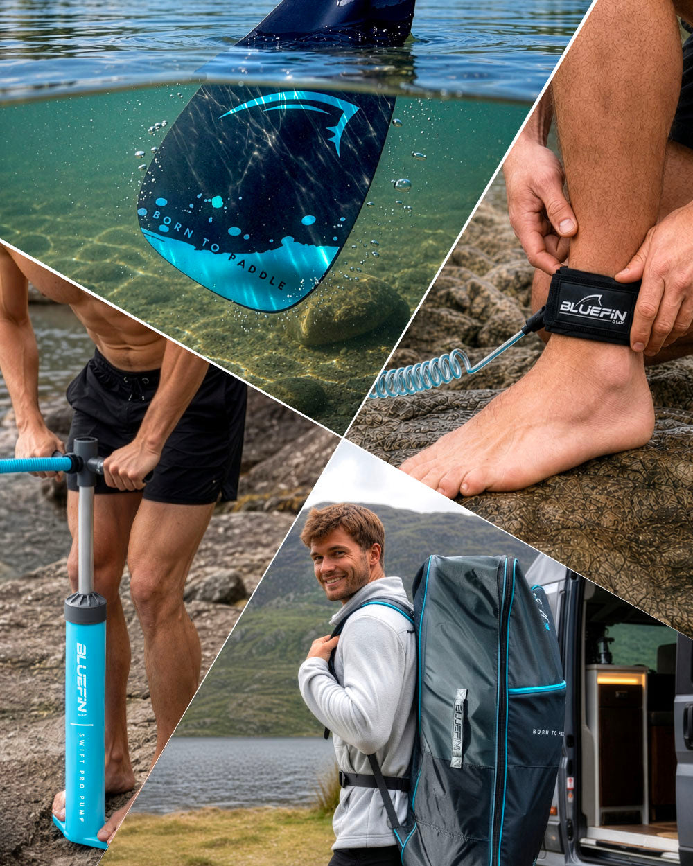 Collage showing a paddle in water, a man pumping air, an ankle leash, and a person with a backpack.