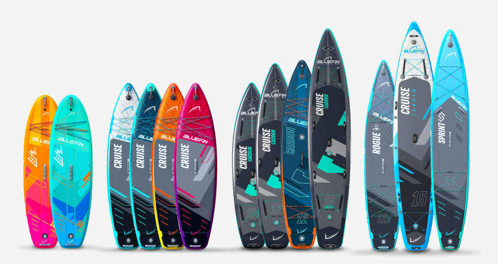 Collection of inflatable paddleboards in various colors and designs, showcasing different models and sizes.