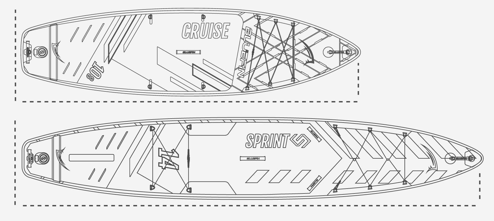 Top view of inflatable paddleboard with designs labeled CRUISE and SPRINT, featuring deck bungee cords.