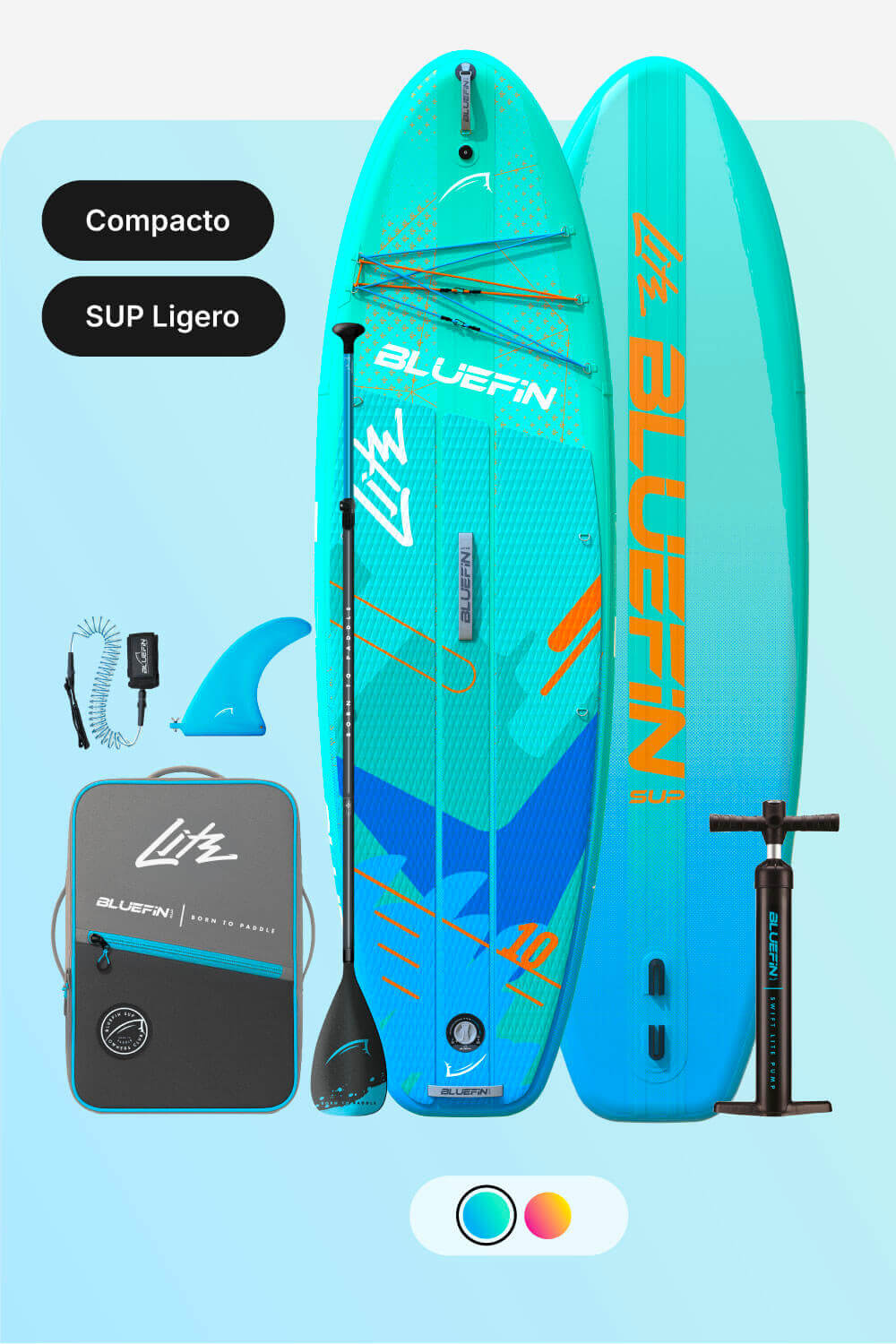 Inflatable paddleboard in turquoise with paddle, fin, pump, and carrying bag for easy transport