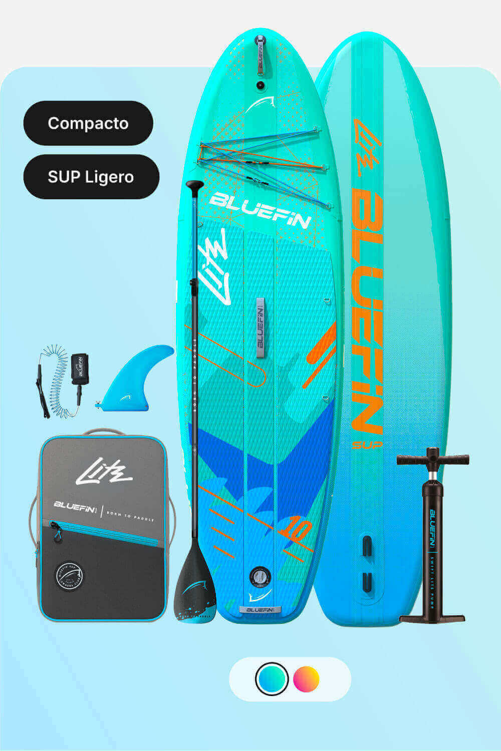 Inflatable paddleboard in turquoise with paddle, fin, pump, and carrying bag for easy transport