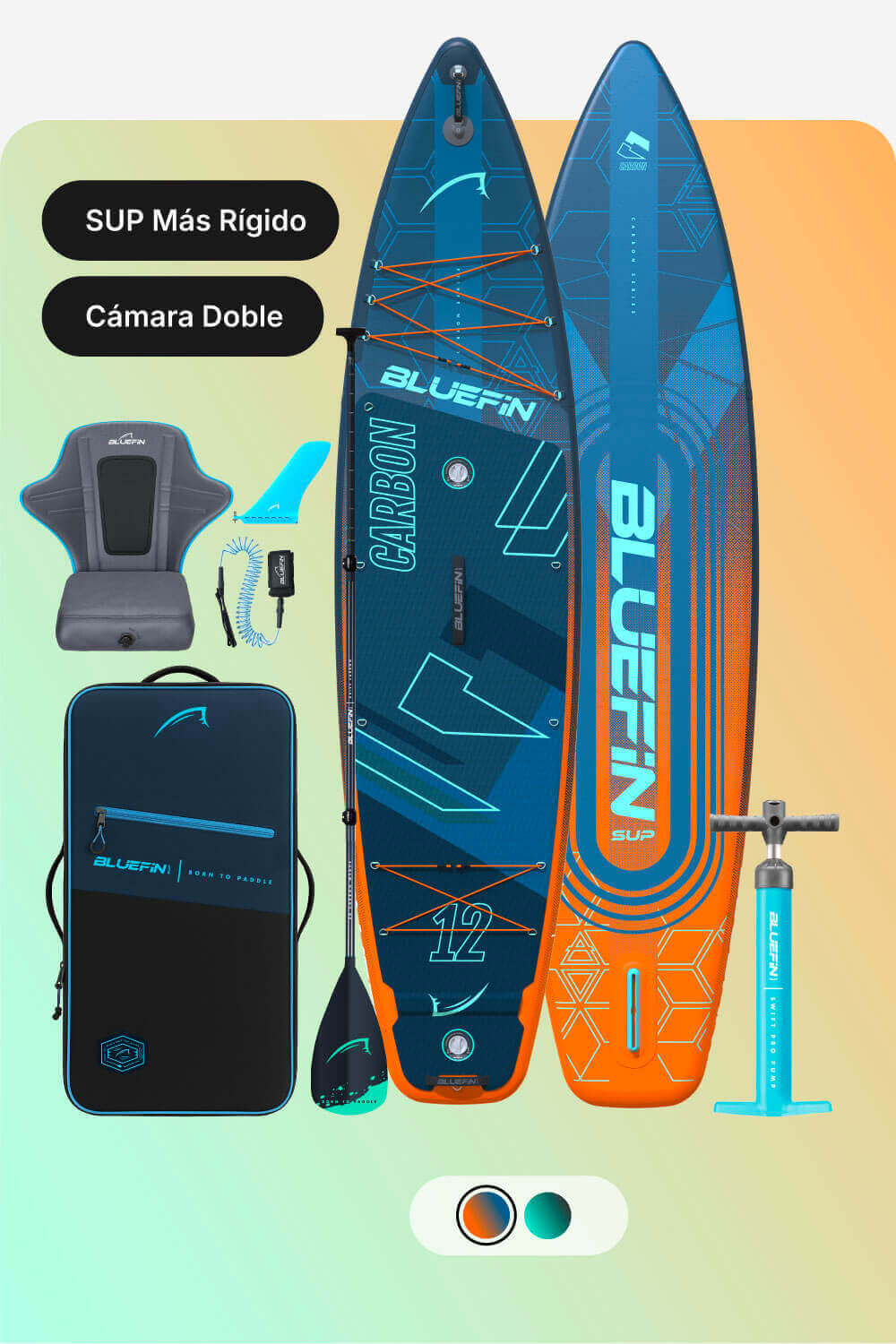 Bluefin inflatable paddleboard with double chamber, paddle, pump, seat, and carrying bag in blue and orange.