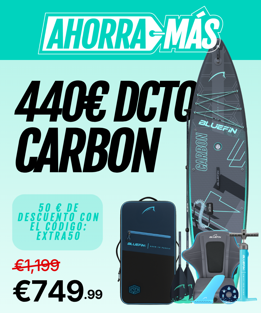 Inflatable paddleboard with carbon design, paddle, pump, and carrying bag, priced at €749.99