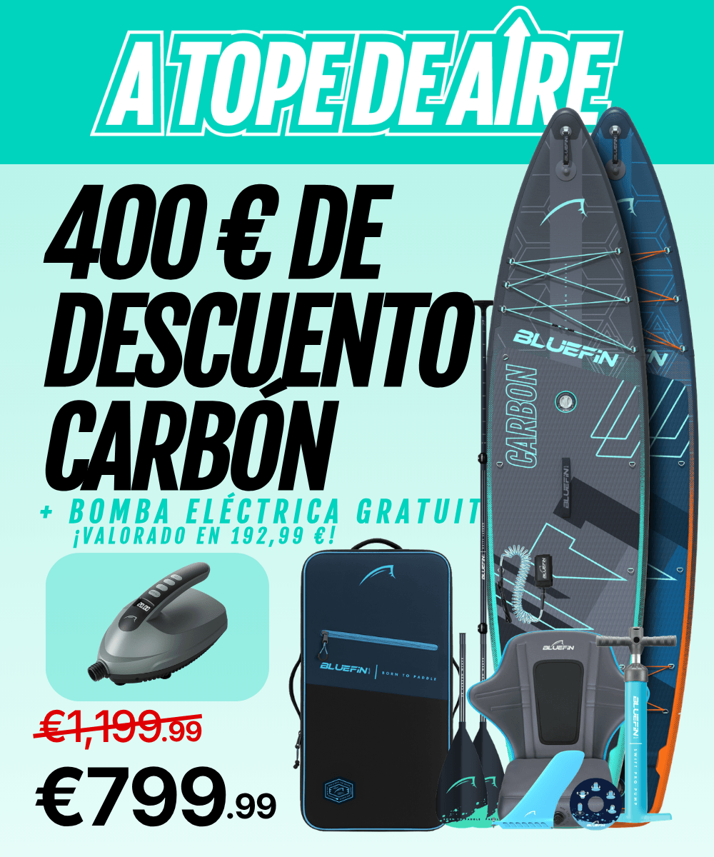 Inflatable paddleboard with center fin, electric pump, paddle, and carrying bag, priced at €799.99