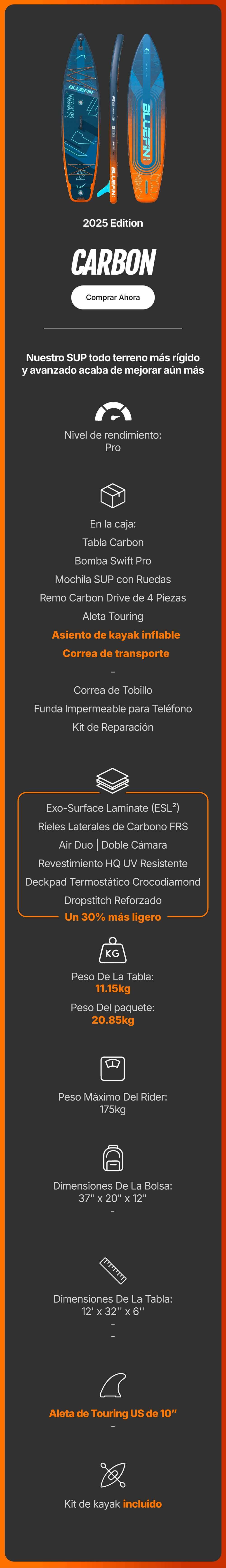 Carbon paddleboard with blue and orange design, featuring a textured deck pad and center fin