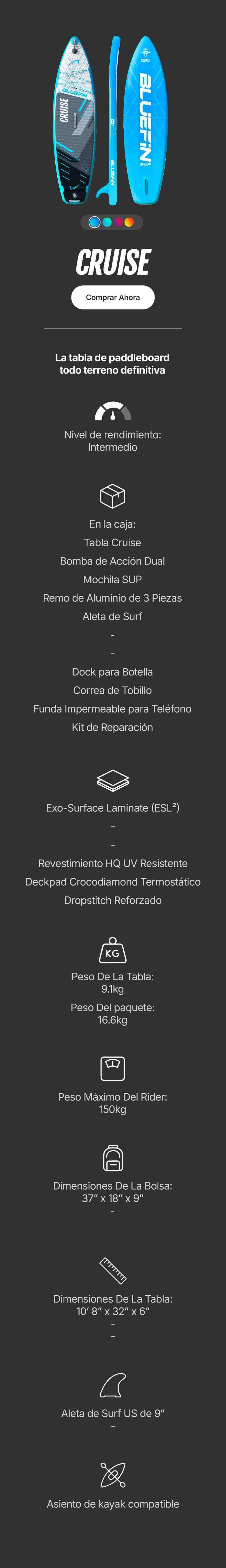 Inflatable paddleboard with blue and black design, textured deck pad, and center fin for stability