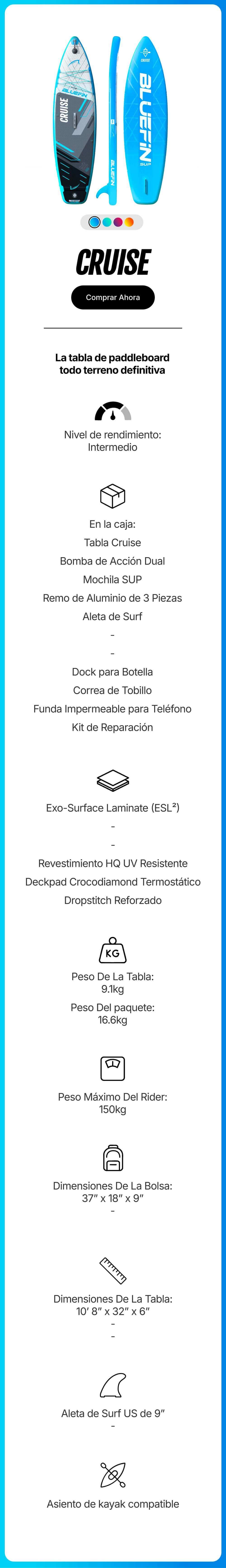 Inflatable paddleboard in blue and gray with textured deck pad, center fin, and inflation valve