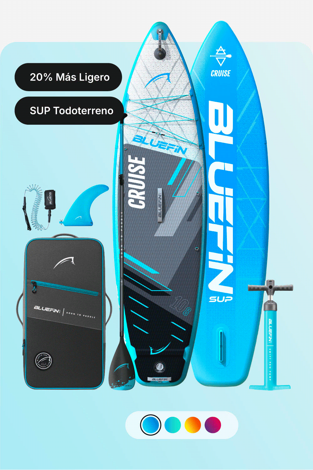 Inflatable Bluefin SUP with textured deck, paddle, fin, pump, and carrying bag in blue and gray colors.