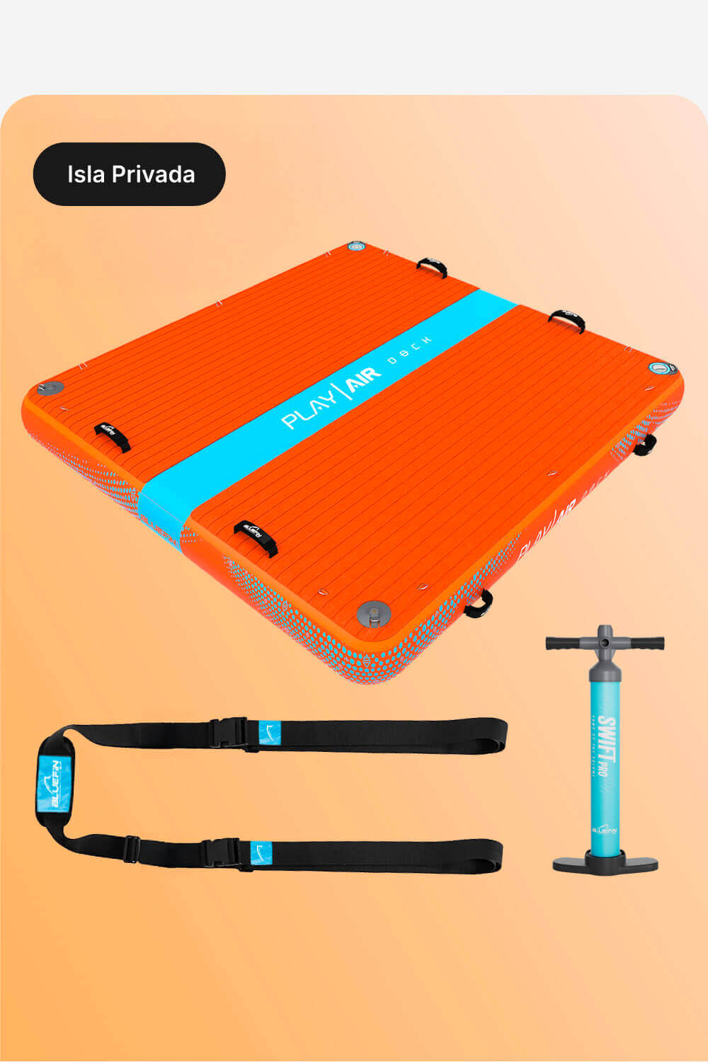 Orange inflatable paddleboard with blue stripe, pump, and two black straps for securing.