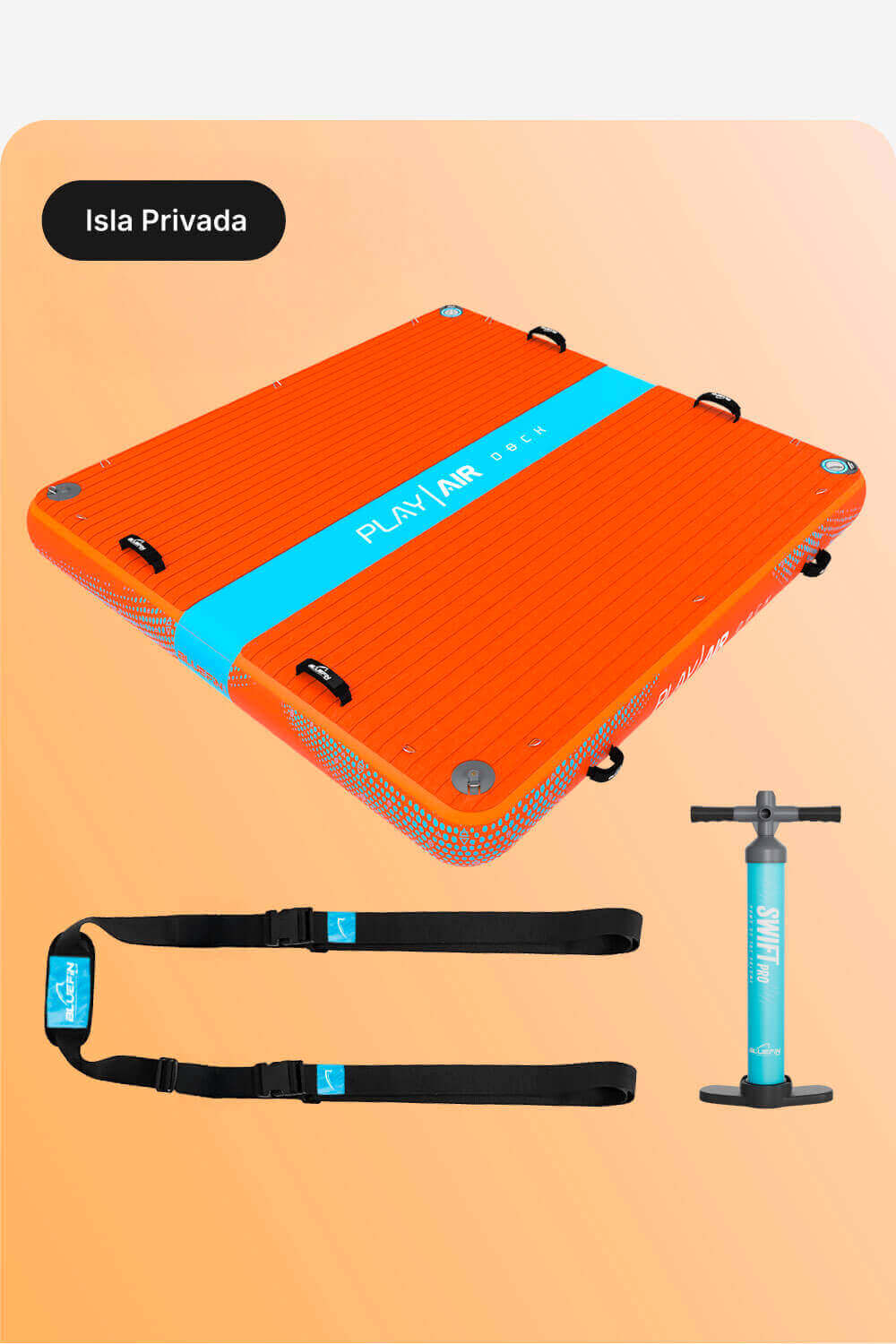 Orange inflatable paddleboard with blue stripe, pump, and two black straps for securing.