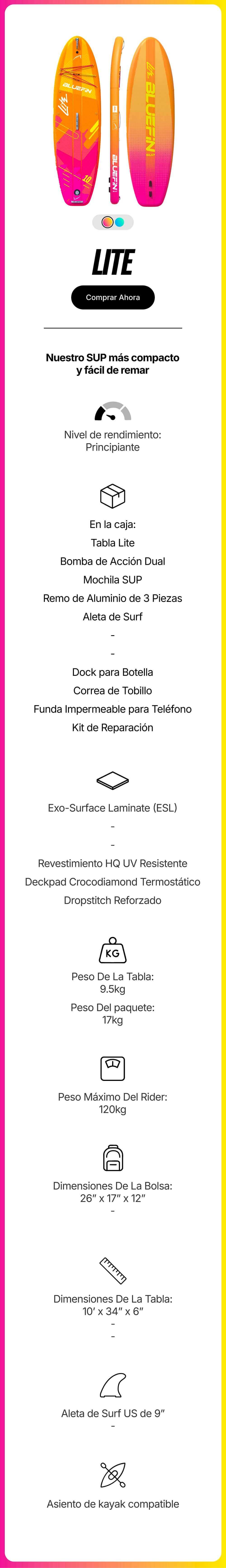 Inflatable paddleboard with vibrant orange and pink design, featuring a center fin and textured deck pad