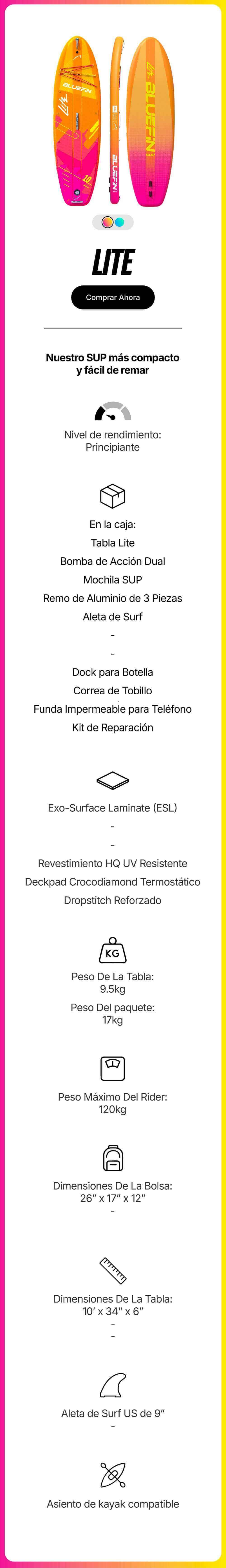 Inflatable paddleboard with vibrant orange and pink design, featuring a center fin and textured deck pad