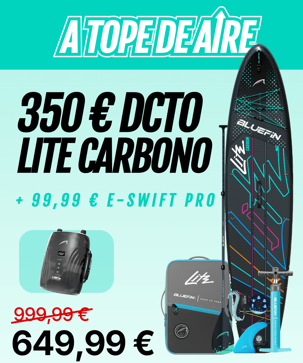 Banner promocional del SUP hinchable Lite Carbono con bomba, bolsa y remo, rebajado a 649,99 €; motor E-Swift Pro +99,99 €