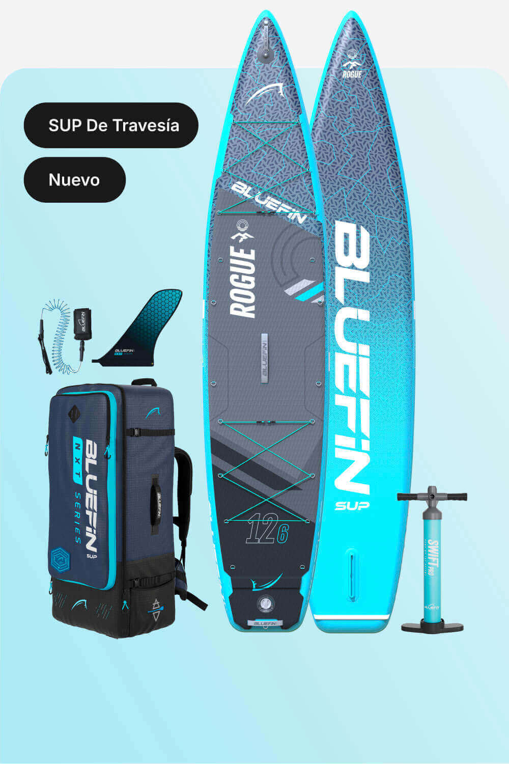 Inflatable paddleboard with blue and gray design, carrying bag, fin, and pump for travel.