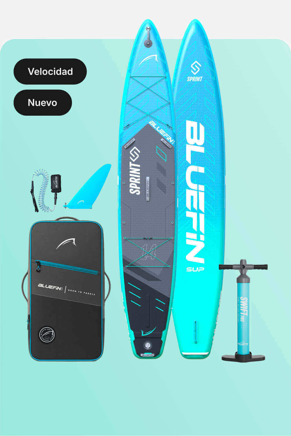 Inflatable paddleboard with blue design, fin, pump, and carrying bag for easy transport