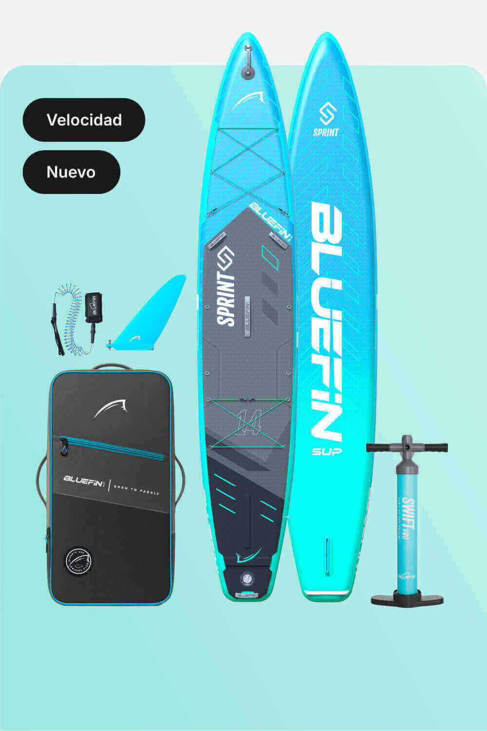 Inflatable paddleboard with blue design, fin, pump, and carrying bag for easy transport