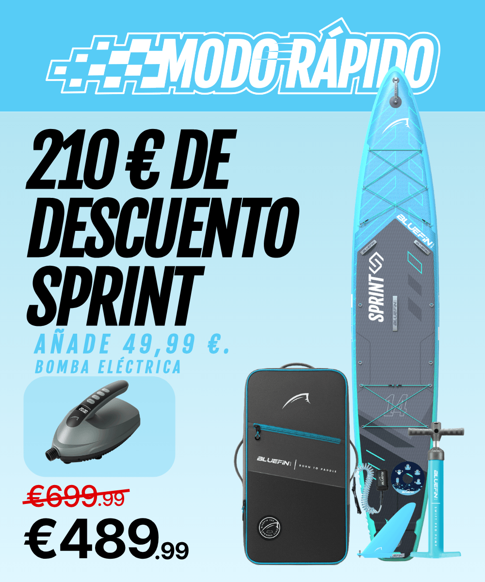 Inflatable paddleboard with center fin, electric pump, and carrying bag, featuring a blue and gray design.