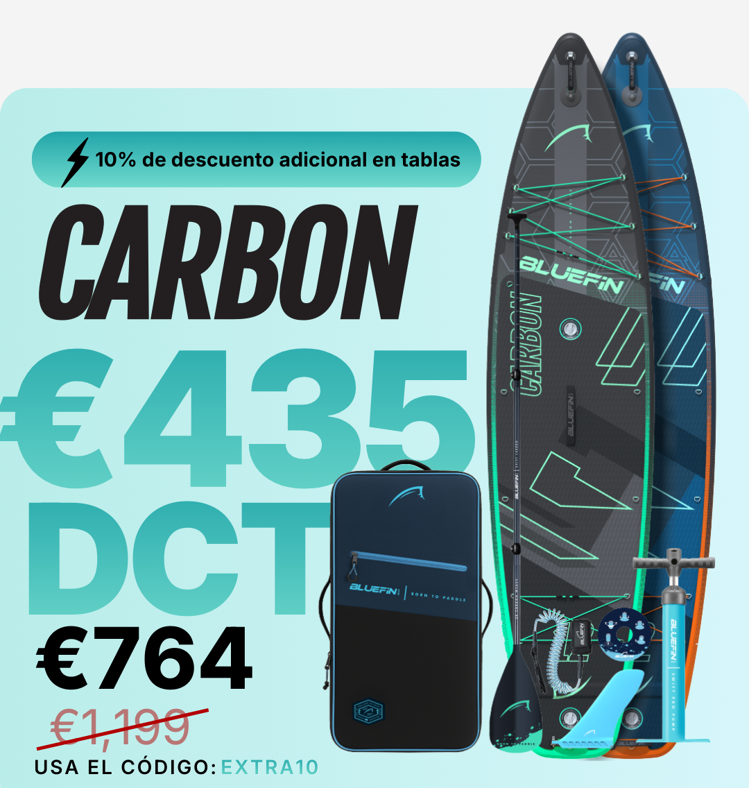 Two inflatable paddleboards in blue and black with a carrying bag, pump, and accessories displayed.