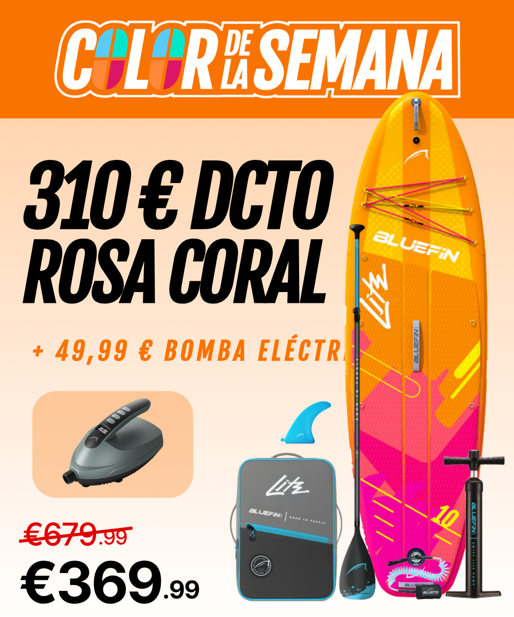 Inflatable paddleboard in coral pink with paddle, electric pump, and carrying bag displayed together