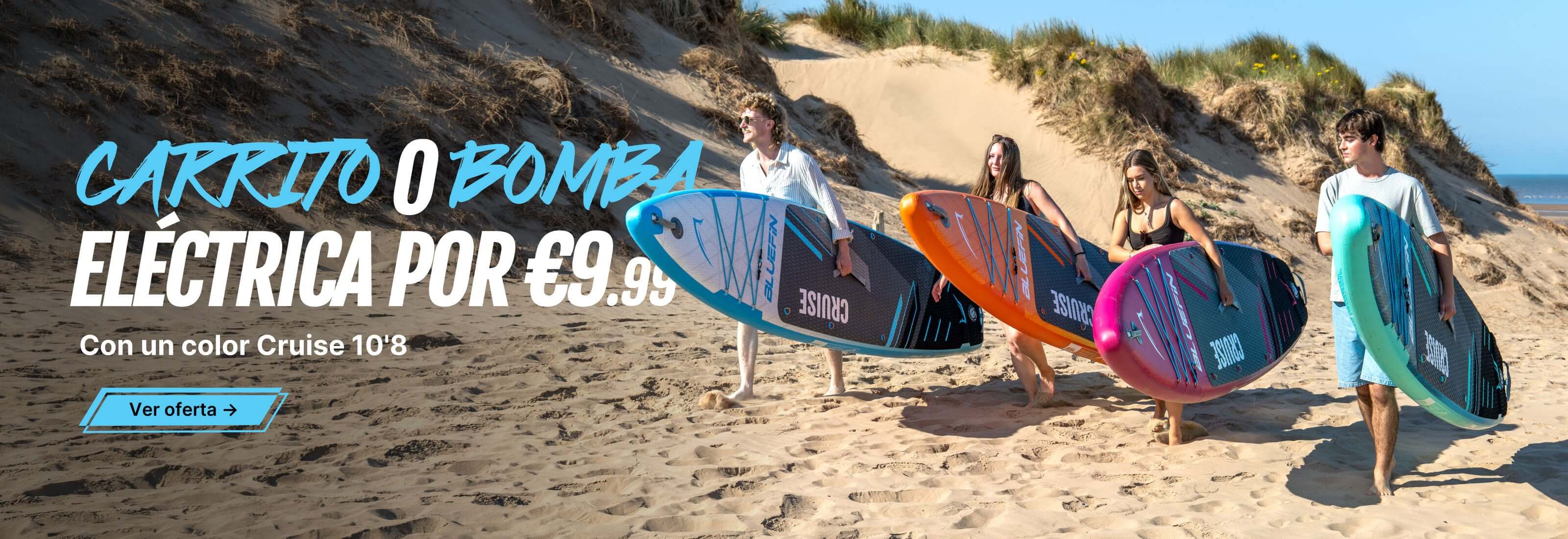 Four people walking on a sandy beach, carrying colorful paddleboards with "Cruise" branding.