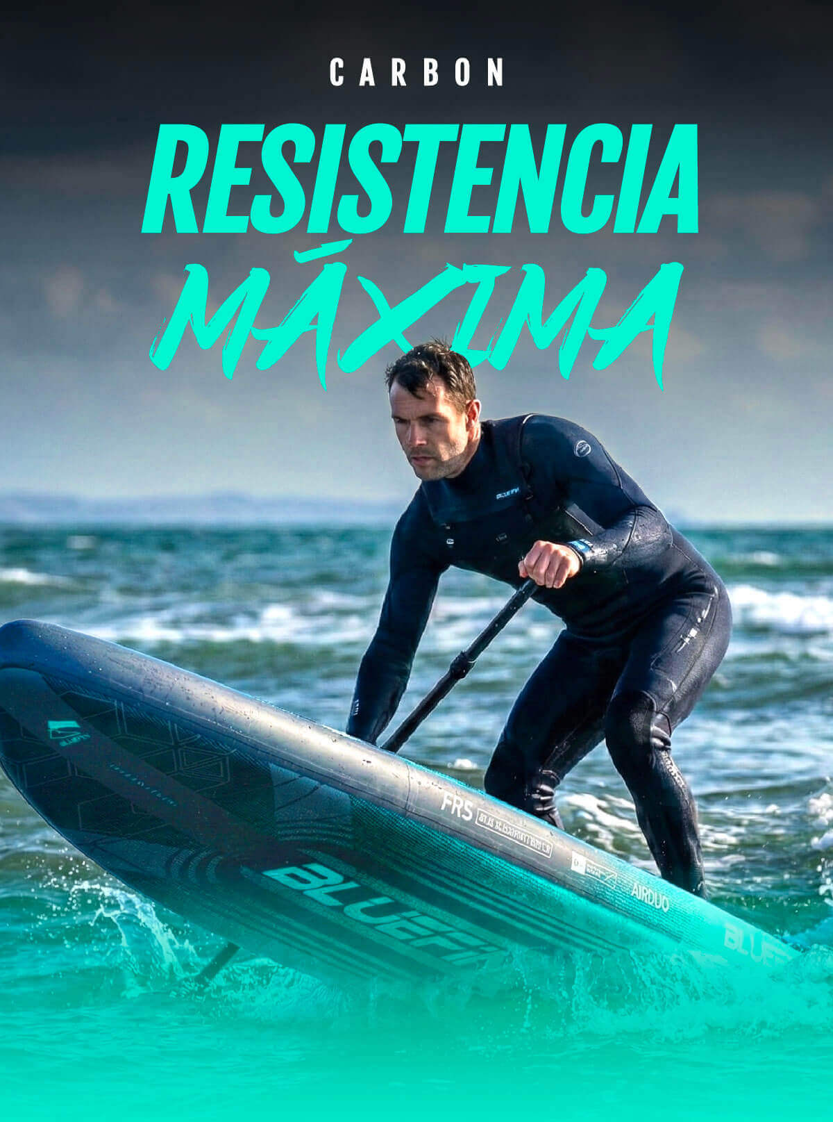 Man in wetsuit paddling a Bluefin inflatable paddleboard on water with waves