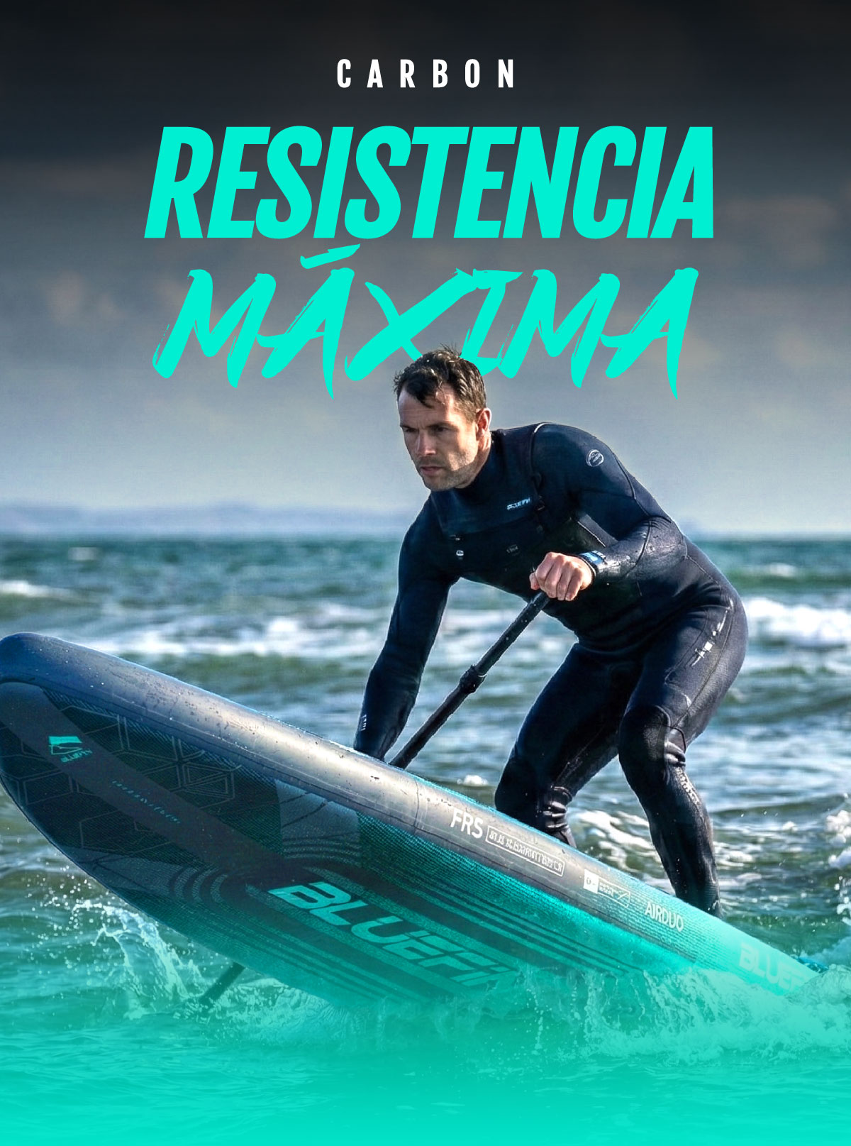 Man in wetsuit paddling a Bluefin inflatable paddleboard on water with waves