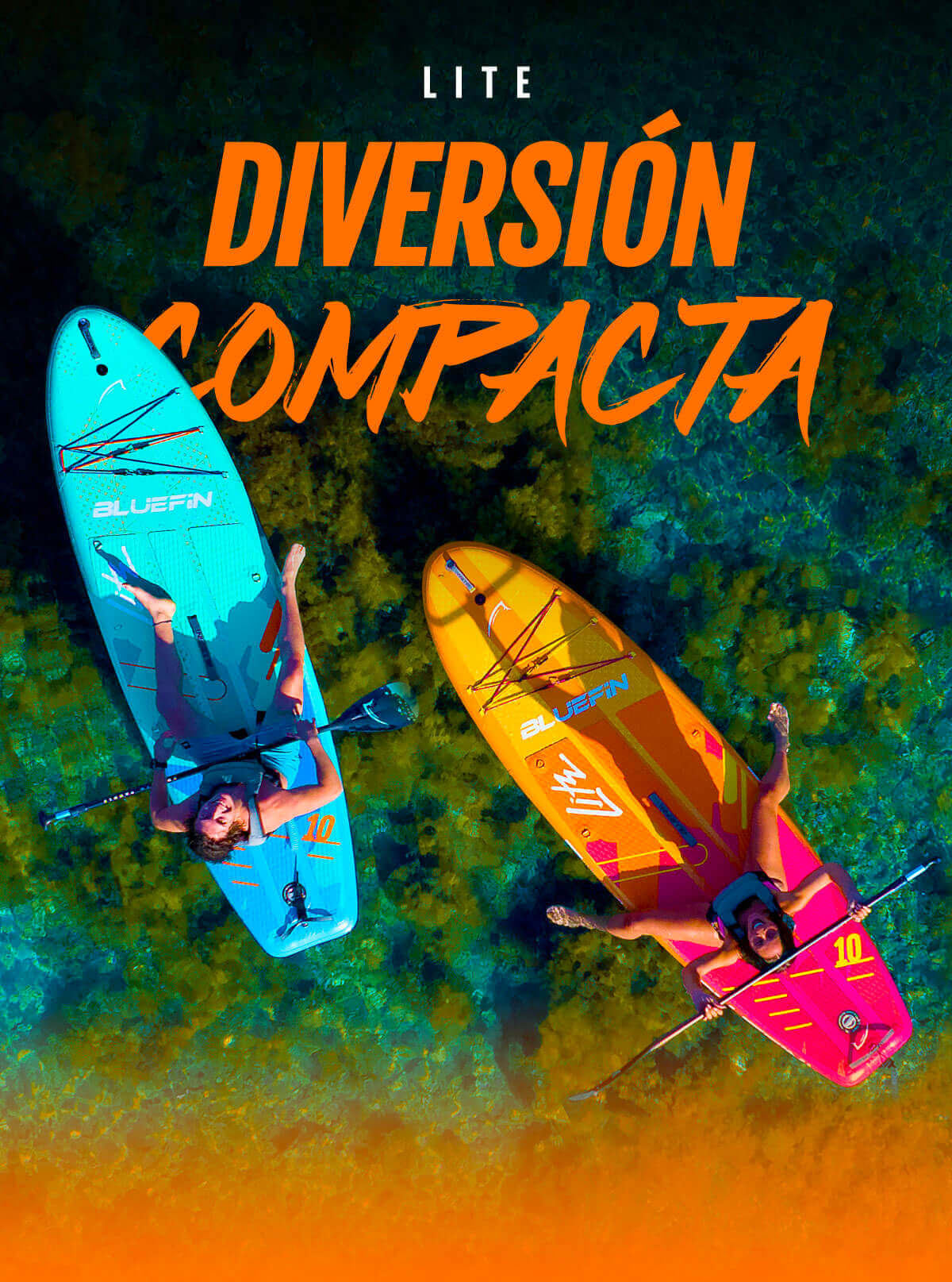 Two inflatable paddleboards in blue and orange colors on clear water, with paddlers lying on them.