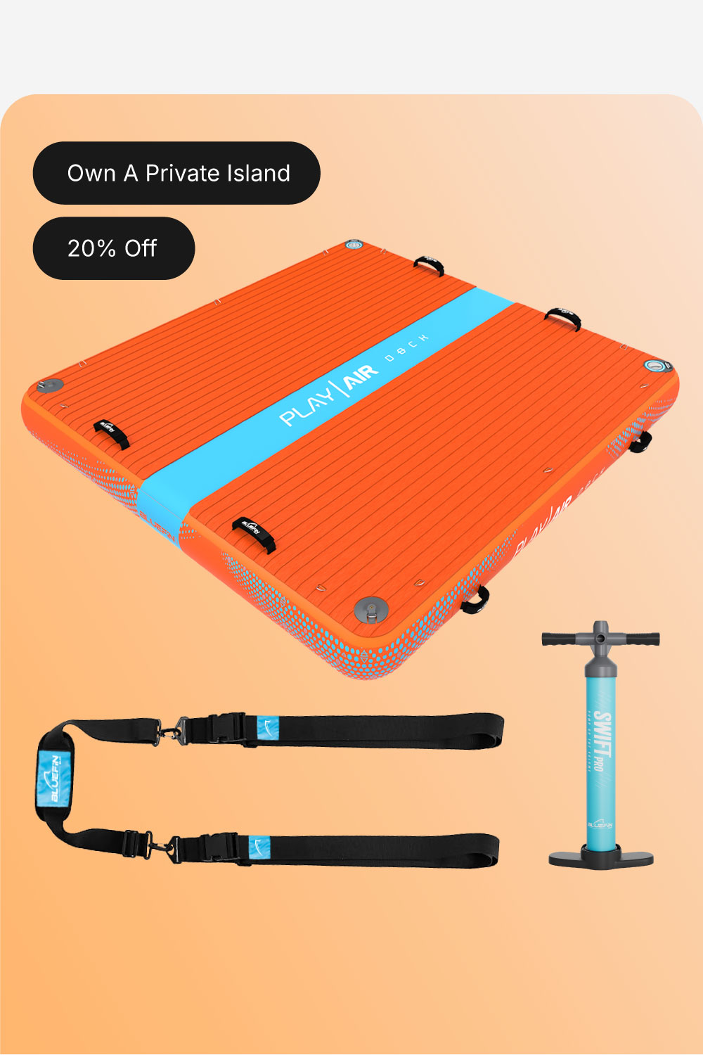Orange inflatable paddleboard with blue stripe, straps, and pump on a gradient background