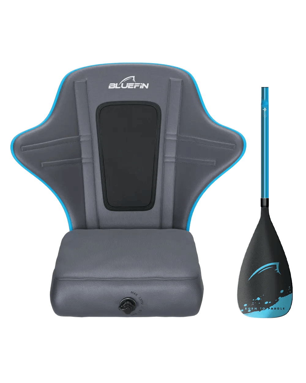 Gray padded kayak seat with blue accents and adjustable straps, alongside a black paddle with blue details.
